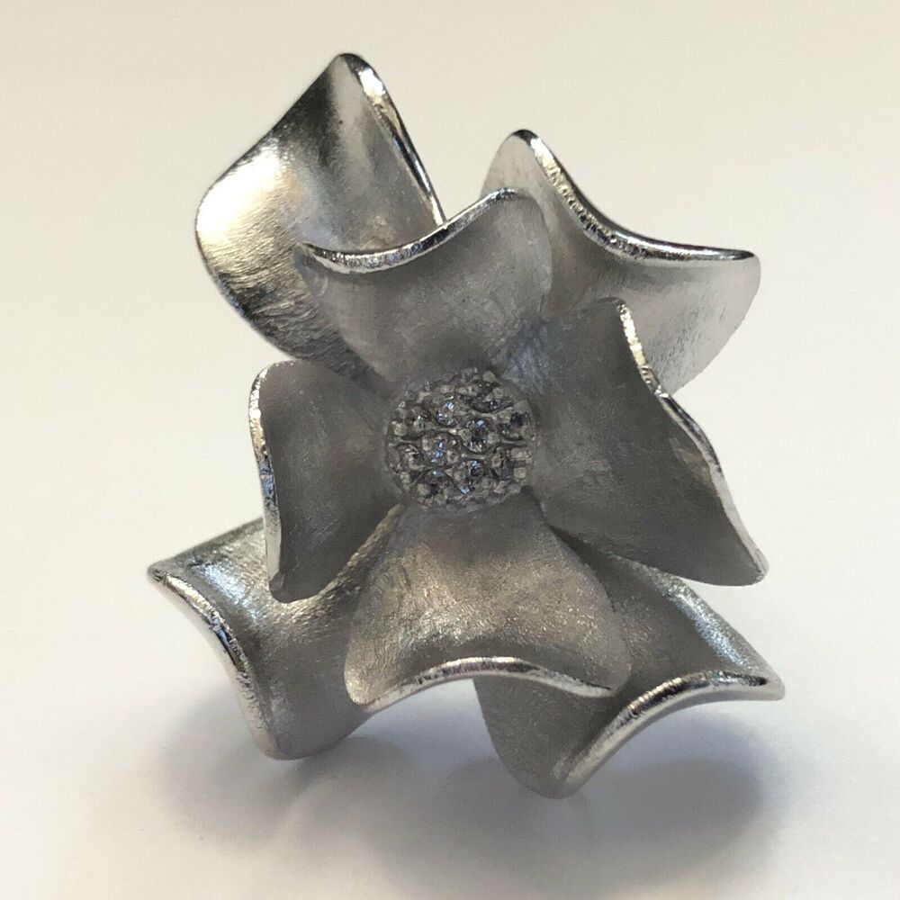 NWOT Premier Designs Magnolia Flower CZ Stones Matte Silver Tone Ring Sz 6.25